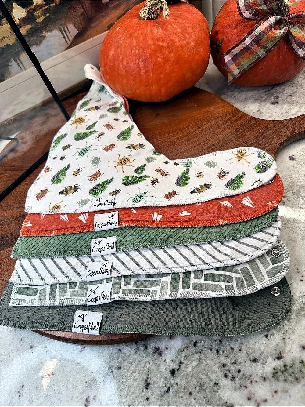 Copper Pearl Bandana Bib Set (6-Pack Lot) White & Green